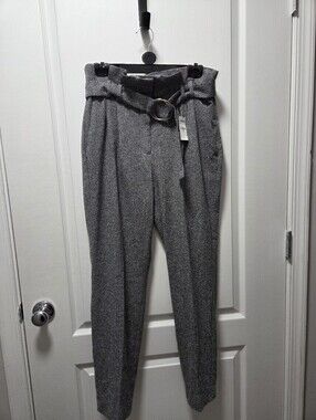 NWT Express High Waist Paperbag Pants Gray Metallic Belted Size 8R